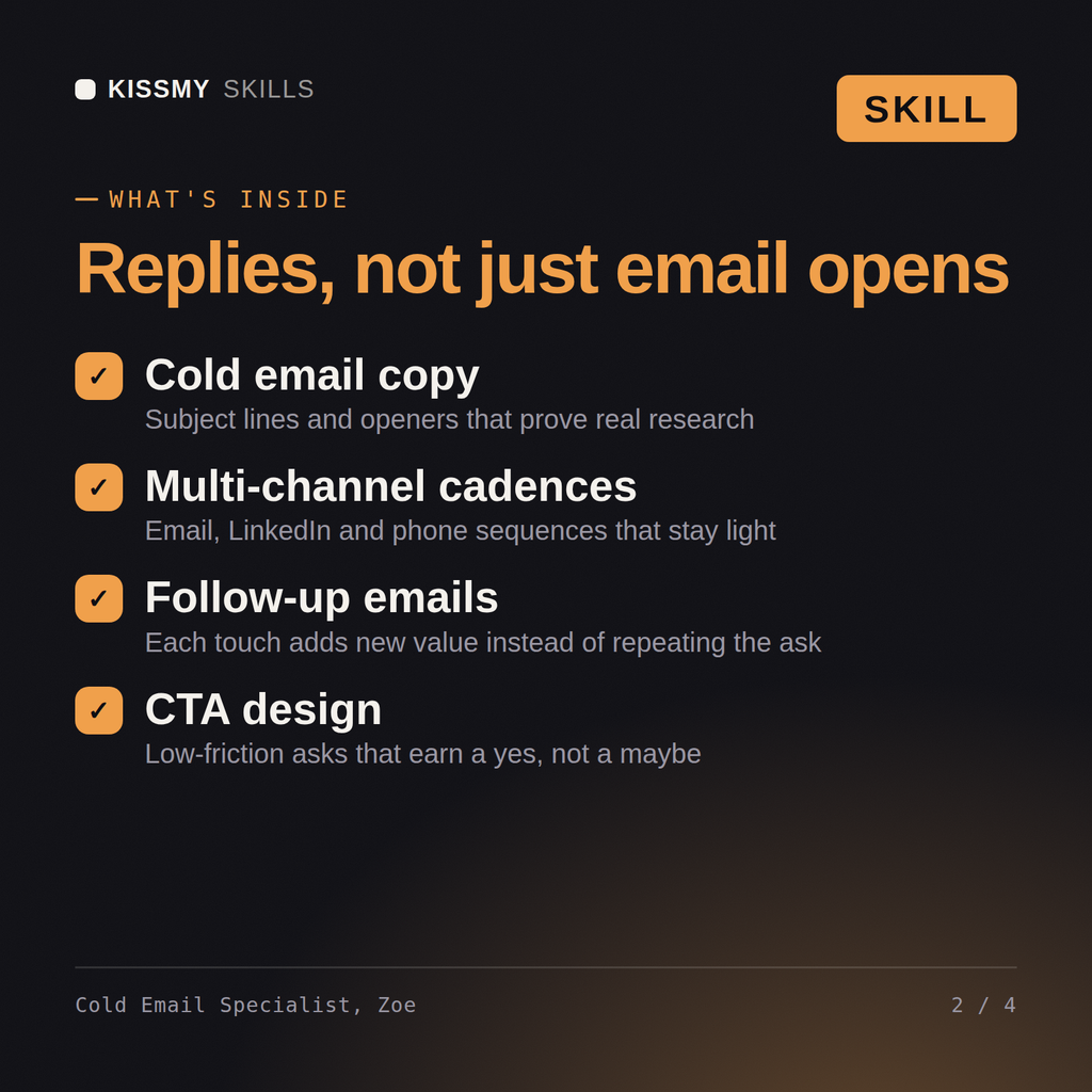 What's inside the Cold Email Specialist, Zoe AI skill: Cold email copy, Multi-channel cadences, Follow-up emails, CTA design
