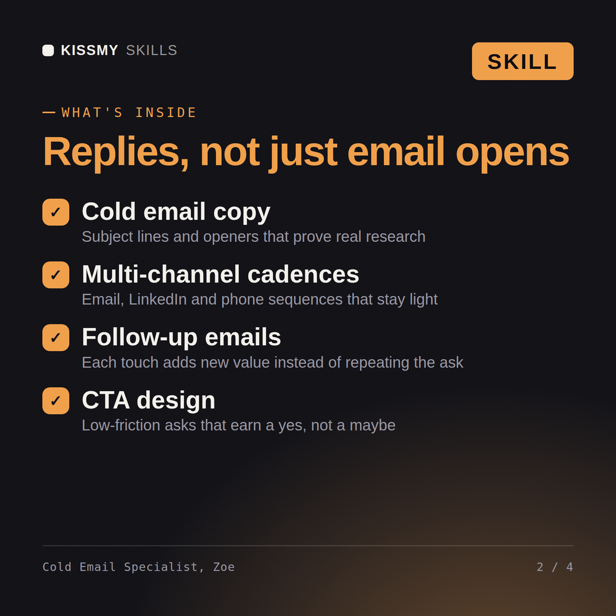 What's inside the Cold Email Specialist, Zoe AI skill: Cold email copy, Multi-channel cadences, Follow-up emails, CTA design
