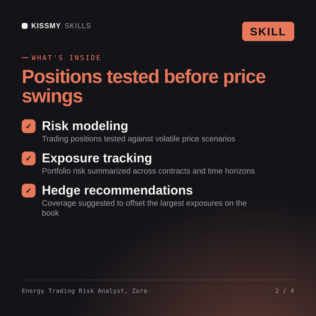 What's inside the Energy Trading Risk Analyst, Zora AI skill: Risk modeling, Exposure tracking, Hedge recommendations