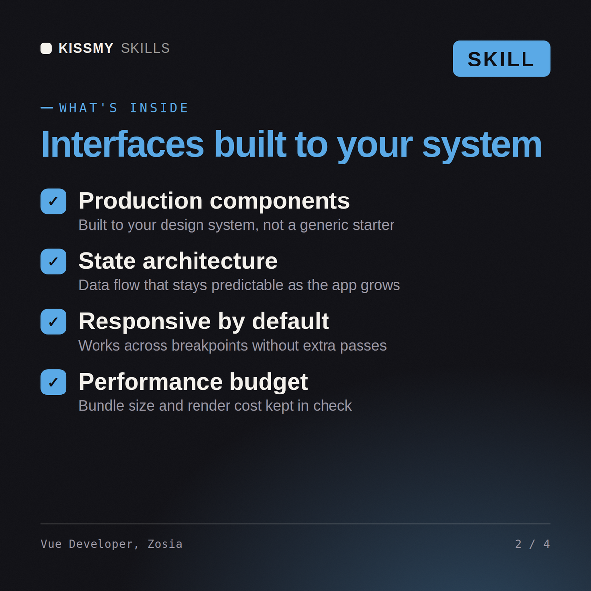 What's inside the Vue Developer, Zosia AI skill: Production components, State architecture, Responsive by default, Performance budget