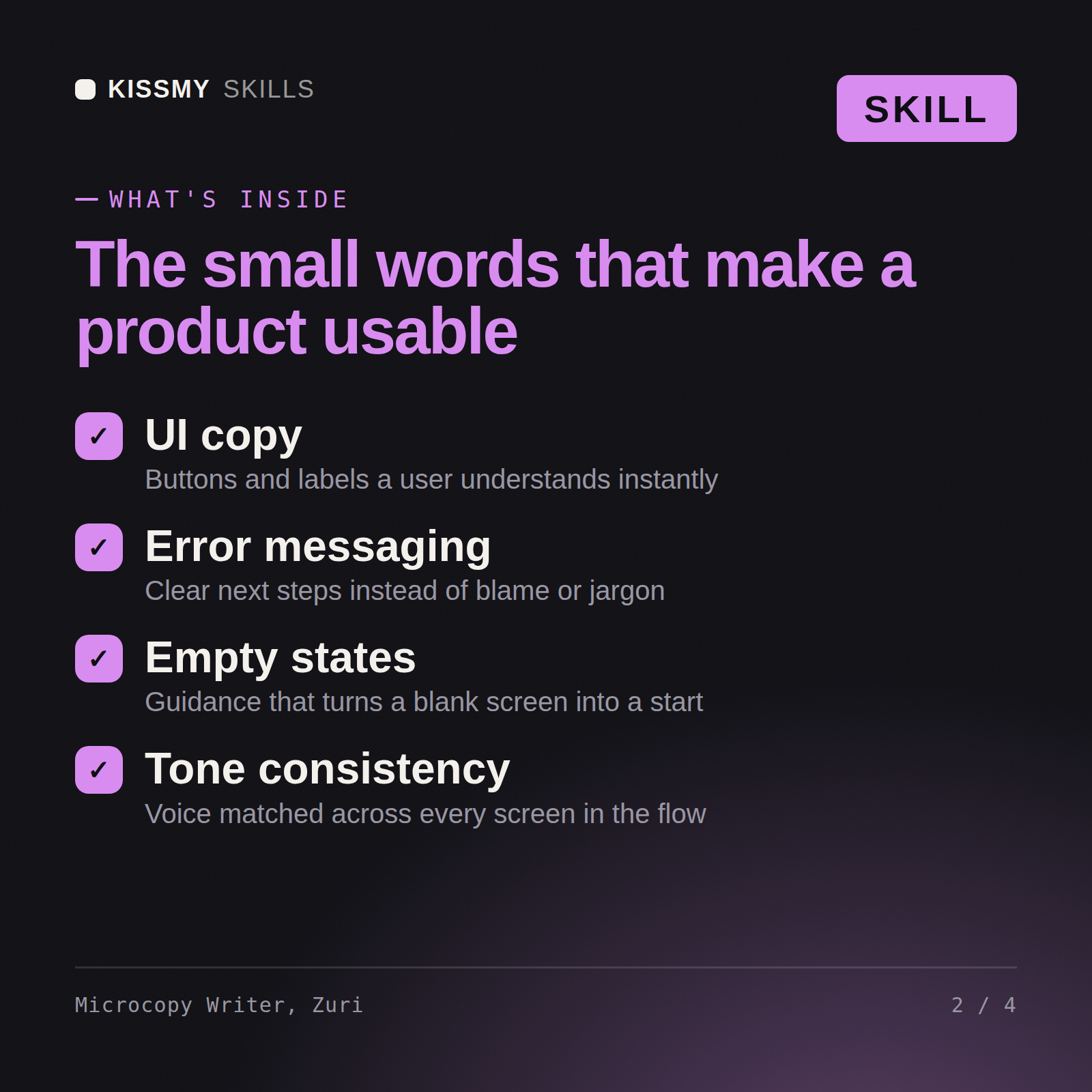 What's inside the Microcopy Writer, Zuri AI skill: UI copy, Error messaging, Empty states, Tone consistency