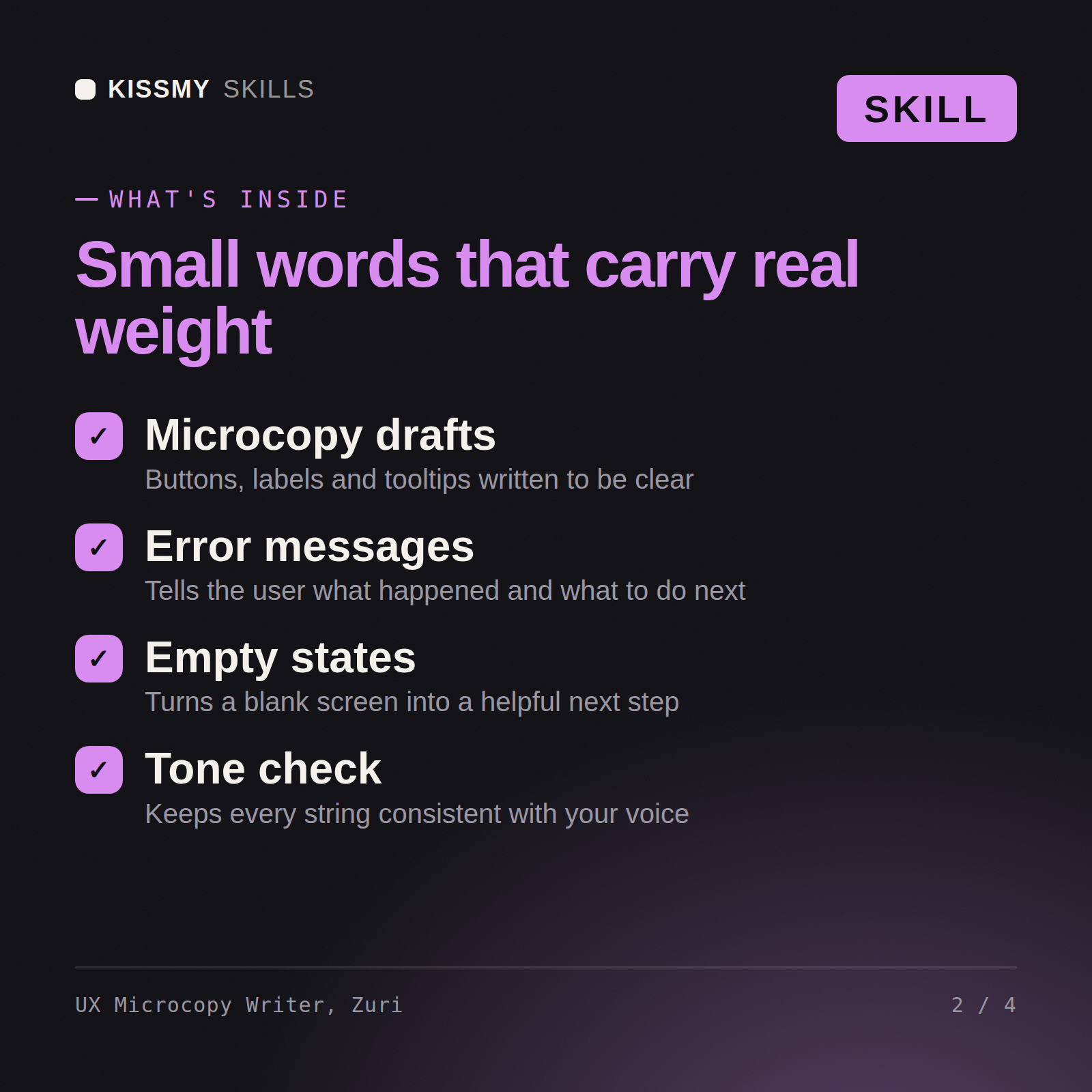 What's inside the UX Microcopy Writer, Zuri AI skill: Microcopy drafts, Error messages, Empty states, Tone check